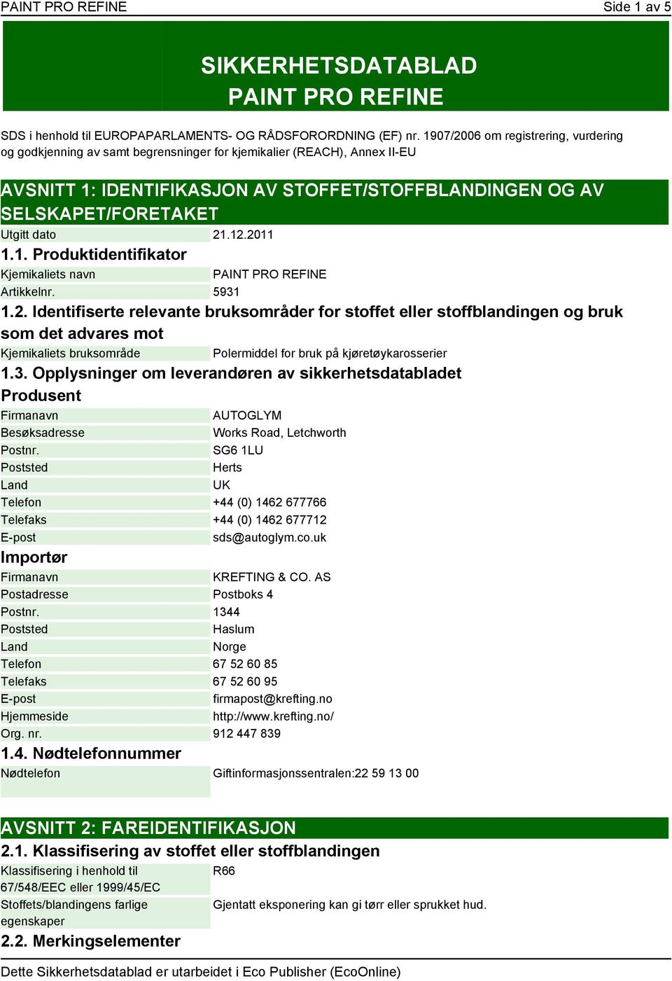 dato 21.12.2011 1.1. Produktidentifikator Kjemikaliets navn PAINT PRO REFINE Artikkelnr. 5931 1.2. Identifiserte relevante bruksområder for stoffet eller stoffblandingen og bruk som det advares mot Kjemikaliets bruksområde Polermiddel for bruk på kjøretøykarosserier 1.