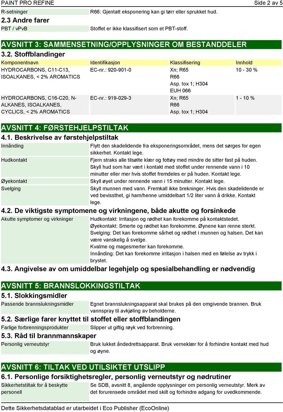 Stoffblandinger Komponentnavn Identifikasjon Klassifisering Innhold HYDROCARBONS, C11-C13, ISOALKANES, < 2% AROMATICS HYDROCARBONS, C16-C20, N- ALKANES, ISOALKANES, CYCLICS, < 2% AROMATICS EC-nr.