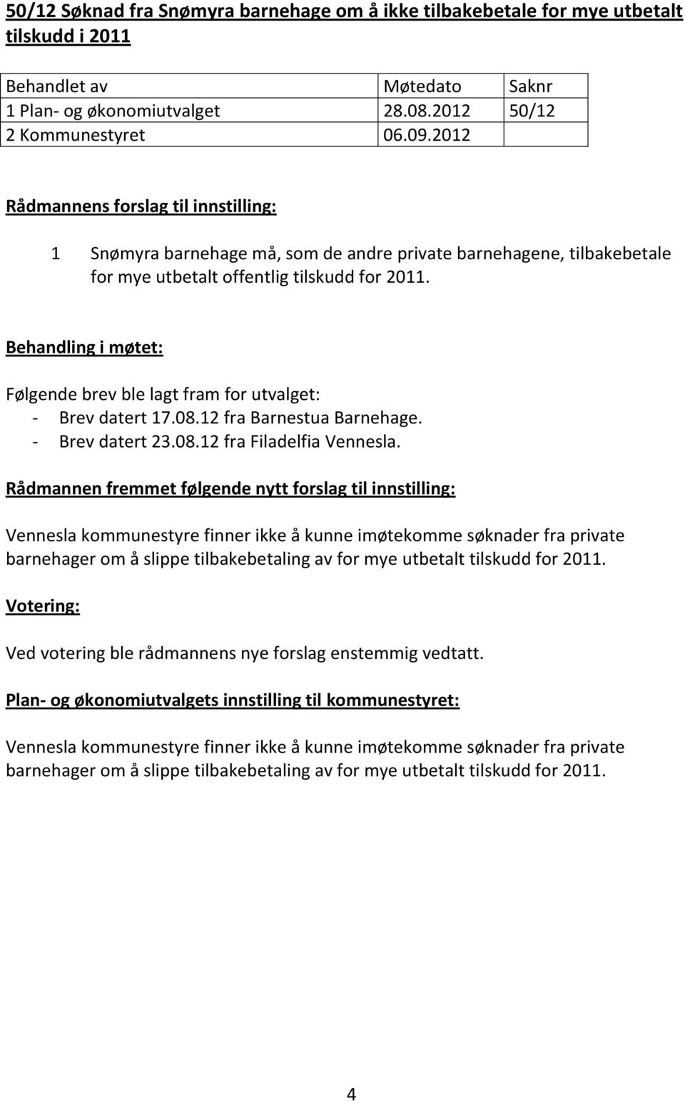 Behandling i møtet: Følgende brev ble lagt fram for utvalget: - Brev datert 17.08.12 fra Barnestua Barnehage. - Brev datert 23.08.12 fra Filadelfia Vennesla.