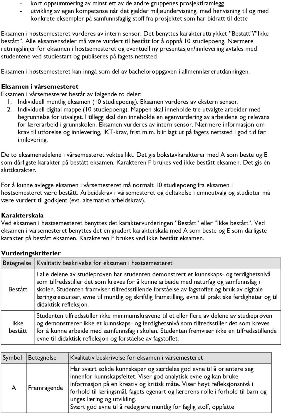 Alle eksamensdeler må være vurdert til bestått for å oppnå 10 studiepoeng.