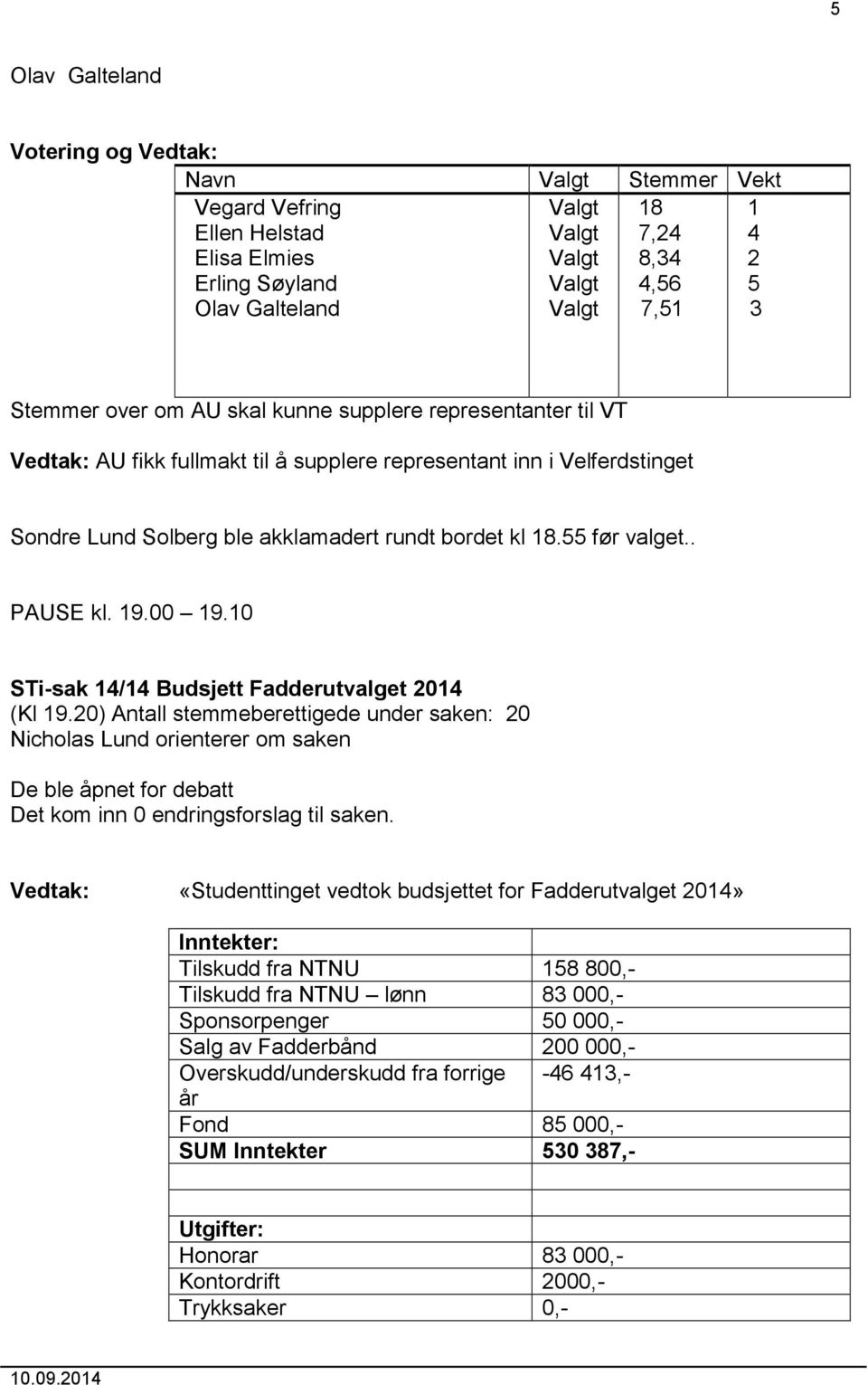 10 STi-sak 14/14 Budsjett Fadderutvalget 2014 (Kl 19.20) Antall stemmeberettigede under saken: 20 Nicholas Lund orienterer om saken De ble åpnet for debatt Det kom inn 0 endringsforslag til saken.