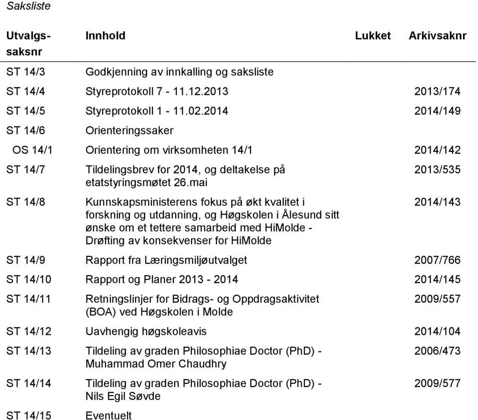 mai Kunnskapsministerens fokus på økt kvalitet i forskning og utdanning, og Høgskolen i Ålesund sitt ønske om et tettere samarbeid med HiMolde - Drøfting av konsekvenser for HiMolde 2013/535 2014/143