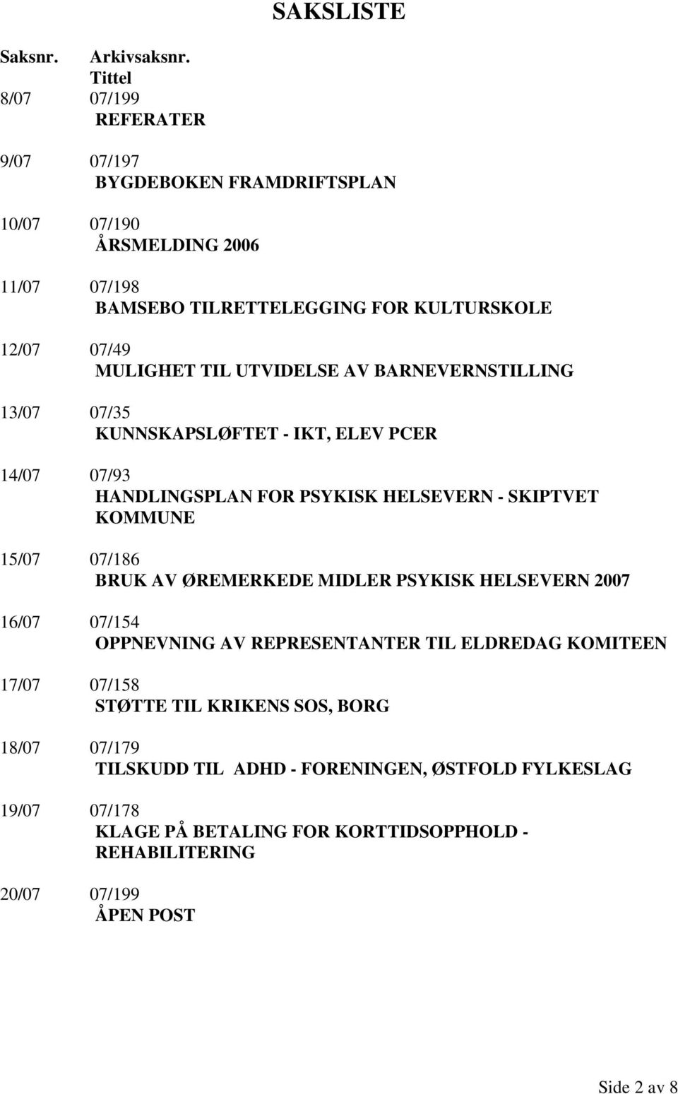 TIL UTVIDELSE AV BARNEVERNSTILLING 13/07 07/35 KUNNSKAPSLØFTET - IKT, ELEV PCER 14/07 07/93 HANDLINGSPLAN FOR PSYKISK HELSEVERN - SKIPTVET KOMMUNE 15/07 07/186 BRUK AV