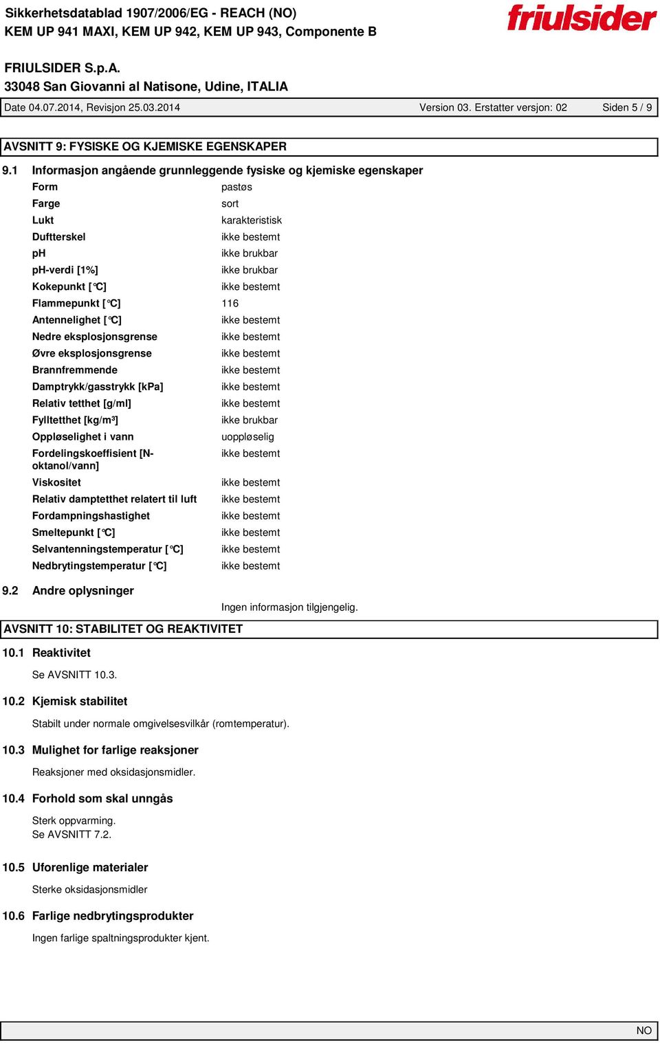 eksplosjonsgrense Øvre eksplosjonsgrense Brannfremmende Damptrykk/gasstrykk [kpa] Relativ tetthet [g/ml] Fylltetthet [kg/m³] Oppløselighet i vann Fordelingskoeffisient [Noktanol/vann] Viskositet