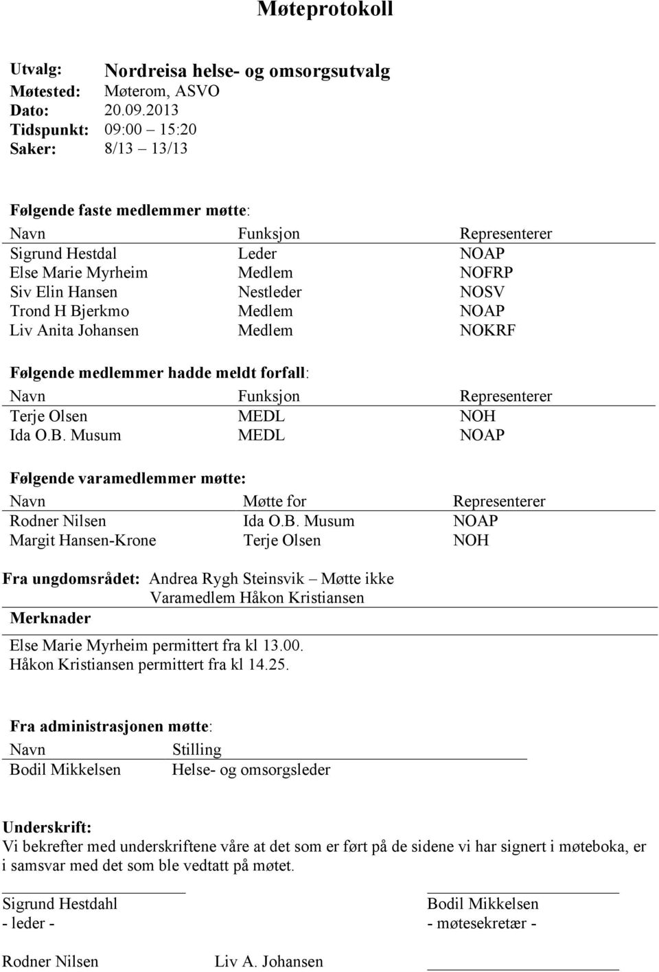 Trond H Bjerkmo Medlem NOAP Liv Anita Johansen Medlem NOKRF Følgende medlemmer hadde meldt forfall: Navn Funksjon Representerer Terje Olsen MEDL NOH Ida O.B. Musum MEDL NOAP Følgende varamedlemmer møtte: Navn Møtte for Representerer Rodner Nilsen Ida O.