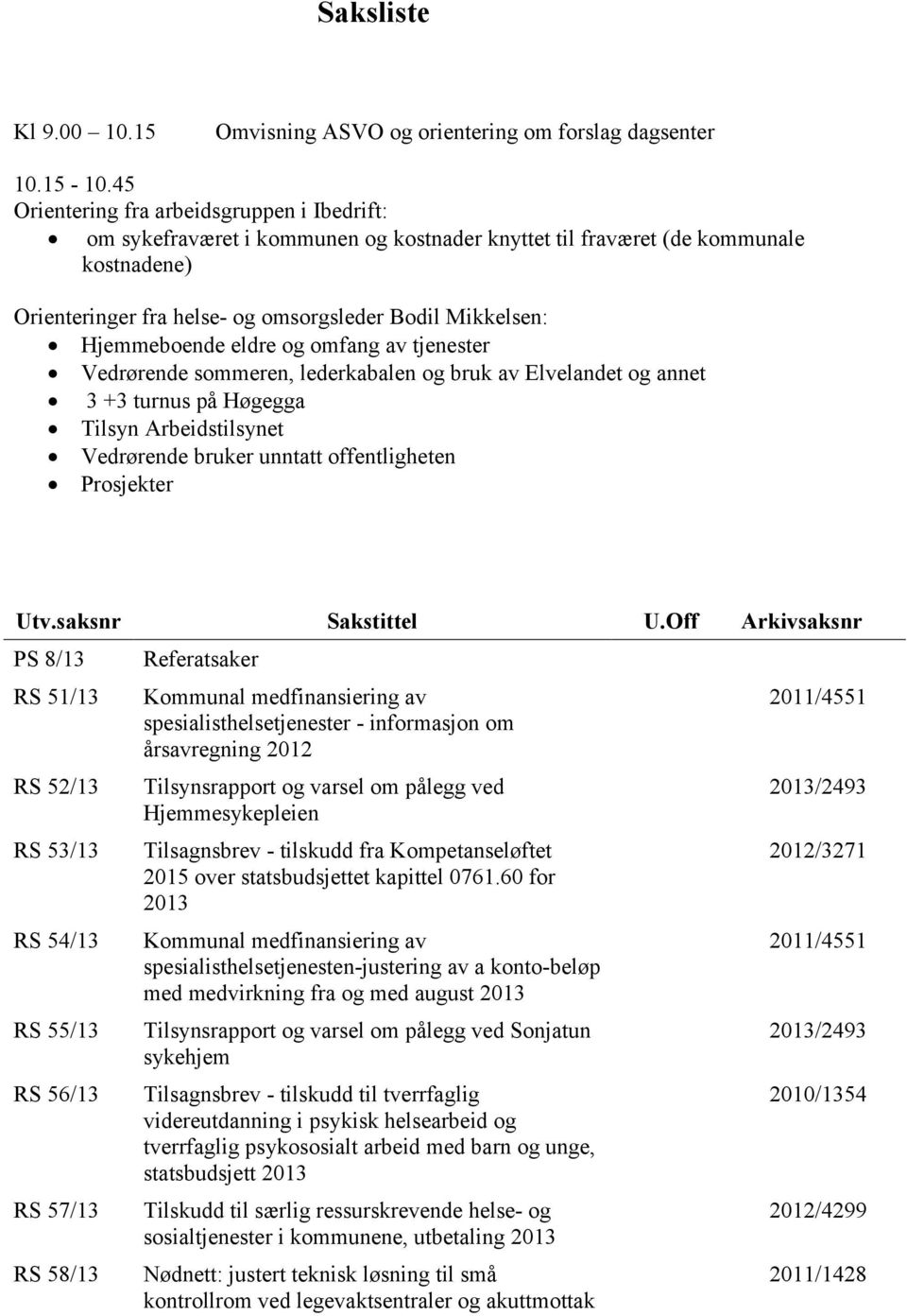 Hjemmeboende eldre og omfang av tjenester Vedrørende sommeren, lederkabalen og bruk av Elvelandet og annet 3 +3 turnus på Høgegga Tilsyn Arbeidstilsynet Vedrørende bruker unntatt offentligheten