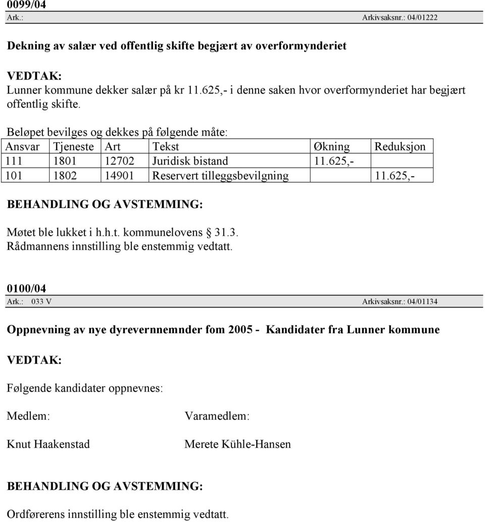 625,- 101 1802 14901 Reservert tilleggsbevilgning 11.625,- BEHANDLING OG AVSTEMMING: Møtet ble lukket i h.h.t. kommunelovens 31.3. Rådmannens innstilling ble enstemmig vedtatt. 0100/04 Ark.