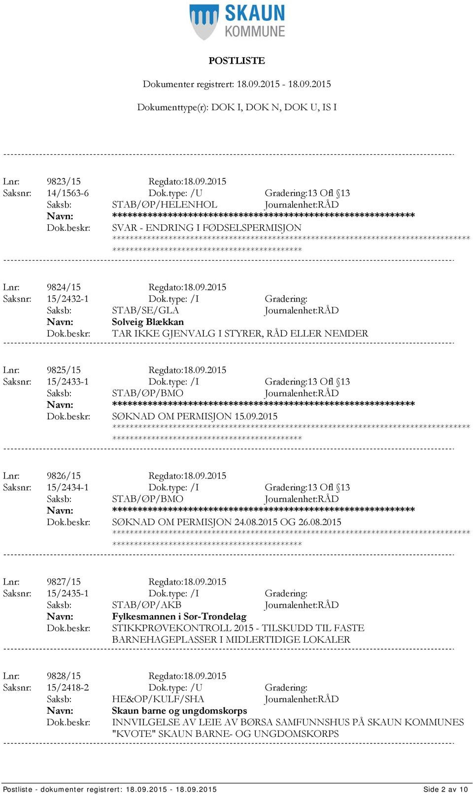 2015 Saksnr: 15/2432-1 Dok.type: /I Gradering: Saksb: STAB/SE/GLA Journalenhet:RÅD Solveig Blækkan TAR IKKE GJENVALG I STYRER, RÅD ELLER NEMDER Lnr: 9825/15 Regdato:18.09.2015 Saksnr: 15/2433-1 Dok.