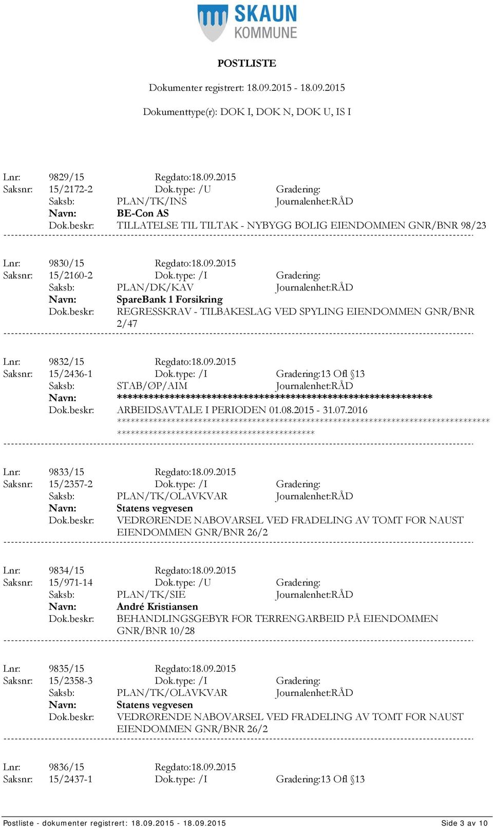 type: /I Gradering: Saksb: PLAN/DK/KAV Journalenhet:RÅD SpareBank 1 Forsikring REGRESSKRAV - TILBAKESLAG VED SPYLING EIENDOMMEN GNR/BNR 2/47 Lnr: 9832/15 Regdato:18.09.2015 Saksnr: 15/2436-1 Dok.