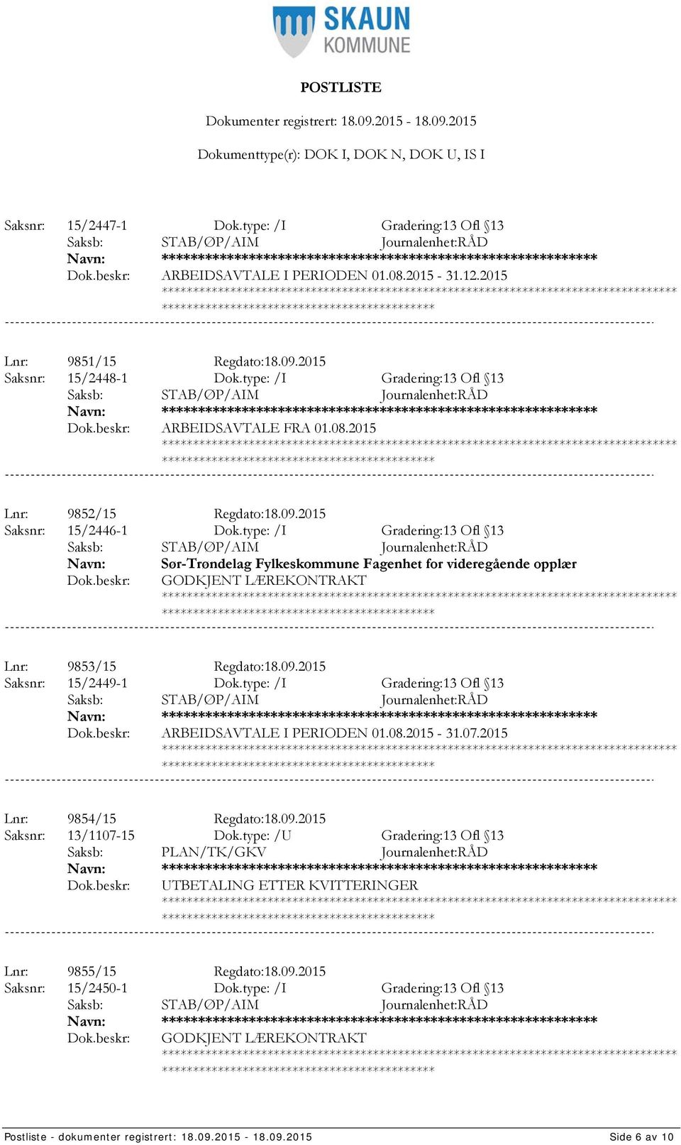 type: /I Gradering:13 Ofl 13 Sør-Trøndelag Fylkeskommune Fagenhet for videregående opplær GODKJENT LÆREKONTRAKT *************************************** Lnr: 9853/15 Regdato:18.09.