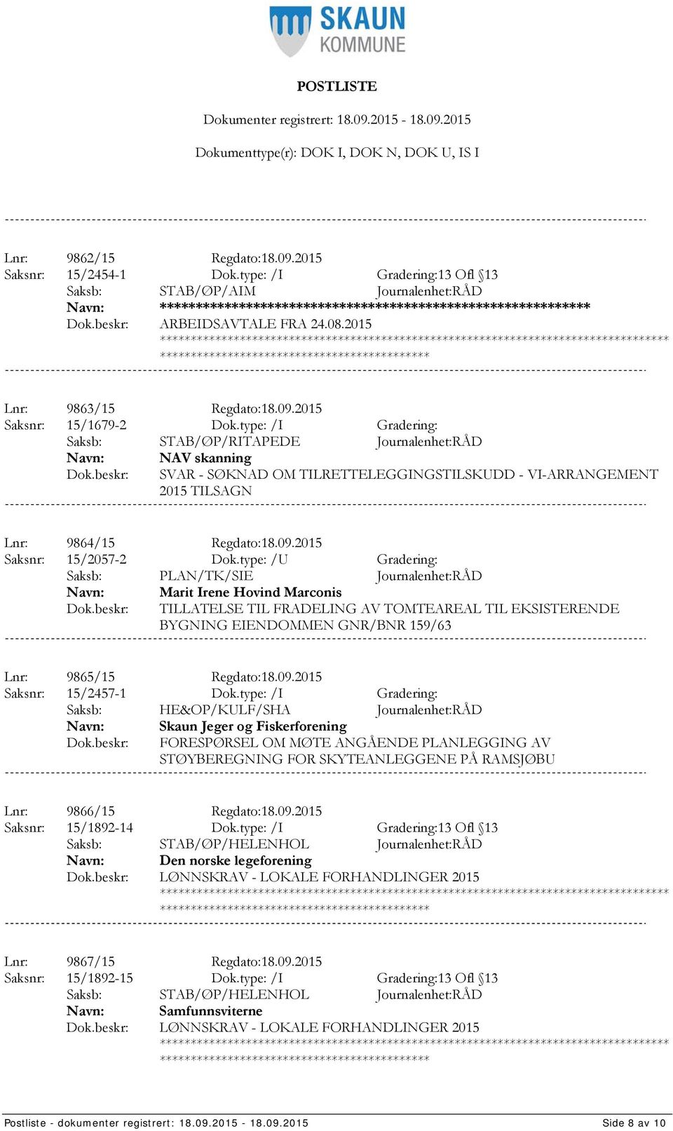 type: /U Gradering: Saksb: PLAN/TK/SIE Journalenhet:RÅD Marit Irene Hovind Marconis TILLATELSE TIL FRADELING AV TOMTEAREAL TIL EKSISTERENDE BYGNING EIENDOMMEN GNR/BNR 159/63 Lnr: 9865/15 Regdato:18.