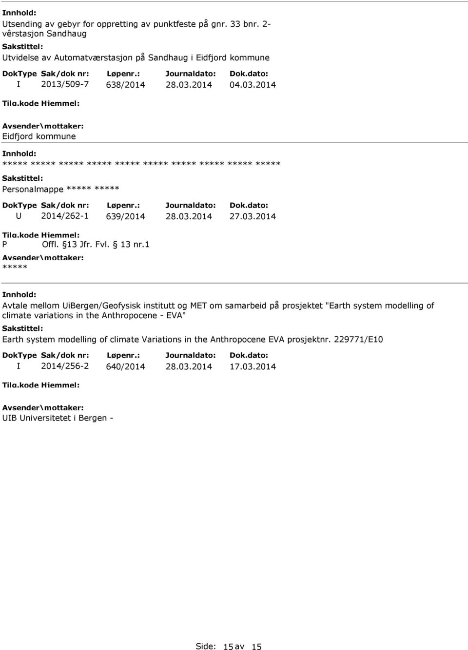 2014 Eidfjord kommune ersonalmappe 2014/262-1 639/2014 Avtale mellom ibergen/geofysisk institutt og MET om samarbeid på prosjektet