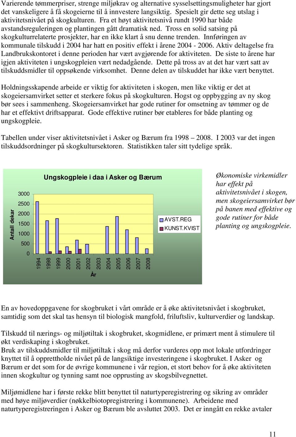 Tross en solid satsing på skogkulturrelaterte prosjekter, har en ikke klart å snu denne trenden. Innføringen av kommunale tilskudd i 2004 har hatt en positiv effekt i årene 2004-2006.