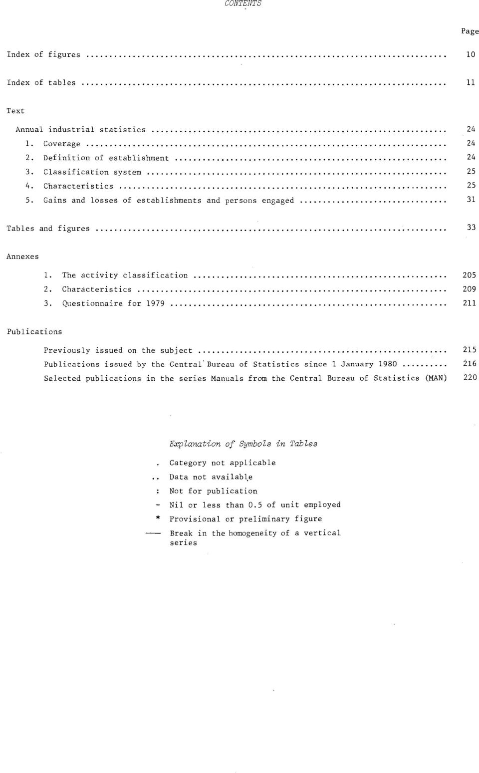Questionnaire for 1979 211 Publications Previously issued on the subject 215 Publications issued by the Central Bureau of Statistics since 1 January 1980 216 Selected publications in the series