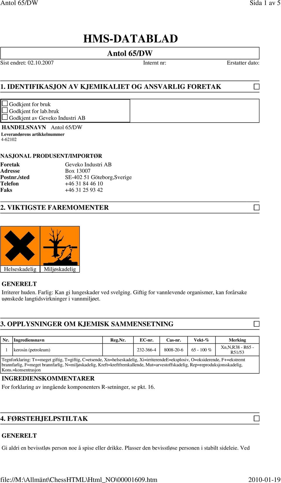 /sted SE-402 51 Göteborg,Sverige Telefon +46 31 84 46 10 Faks +46 31 25 93 42 2. VIKTIGSTE FAREMOMENTER Helseskadelig Miljøskadelig Irriterer huden. Farlig: Kan gi lungeskader ved svelging.