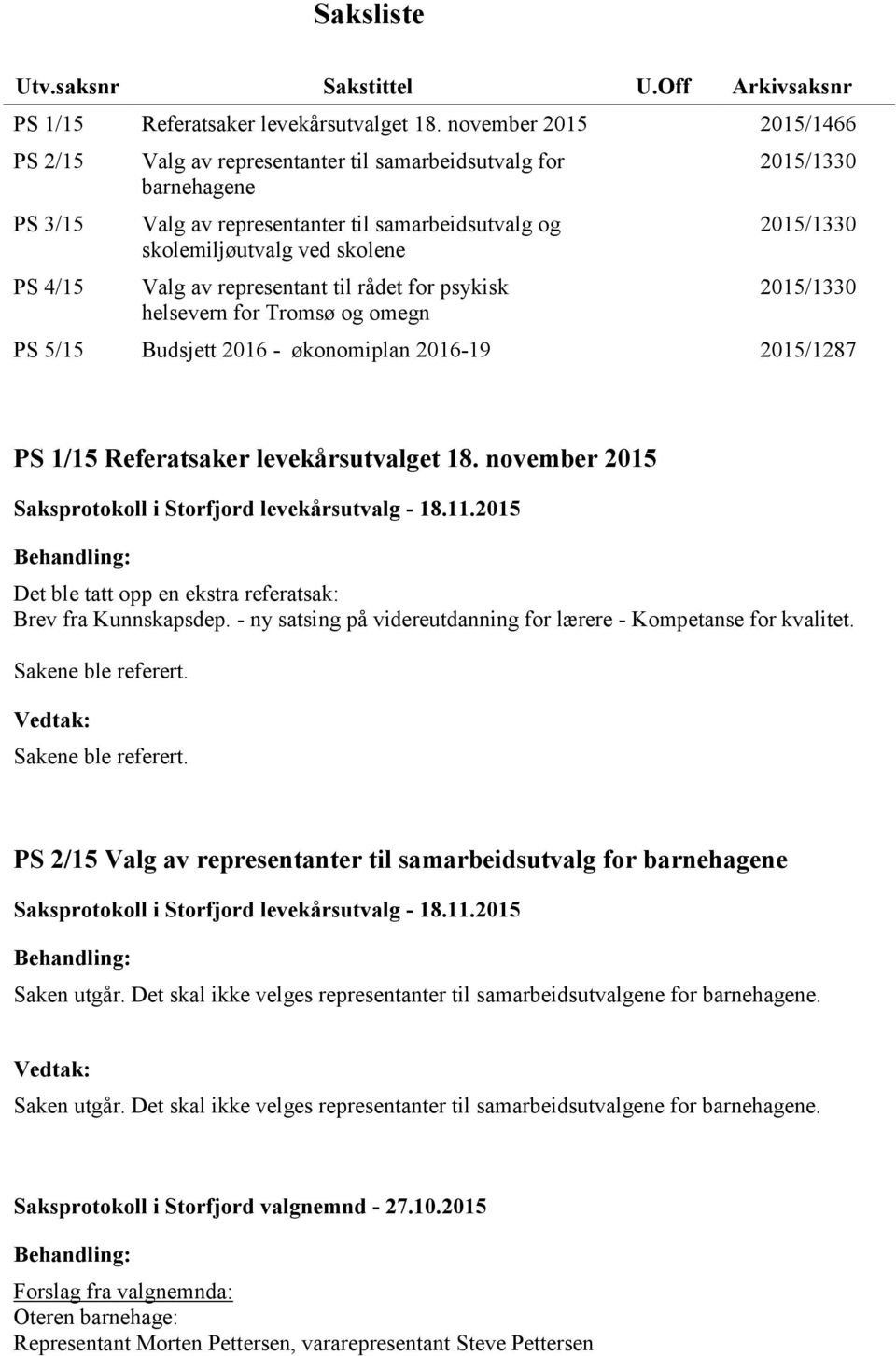 representant til rådet for psykisk helsevern for Tromsø og omegn PS 5/15 Budsjett 2016 - økonomiplan 2016-19 2015/1287 PS 1/15 Referatsaker levekårsutvalget 18.