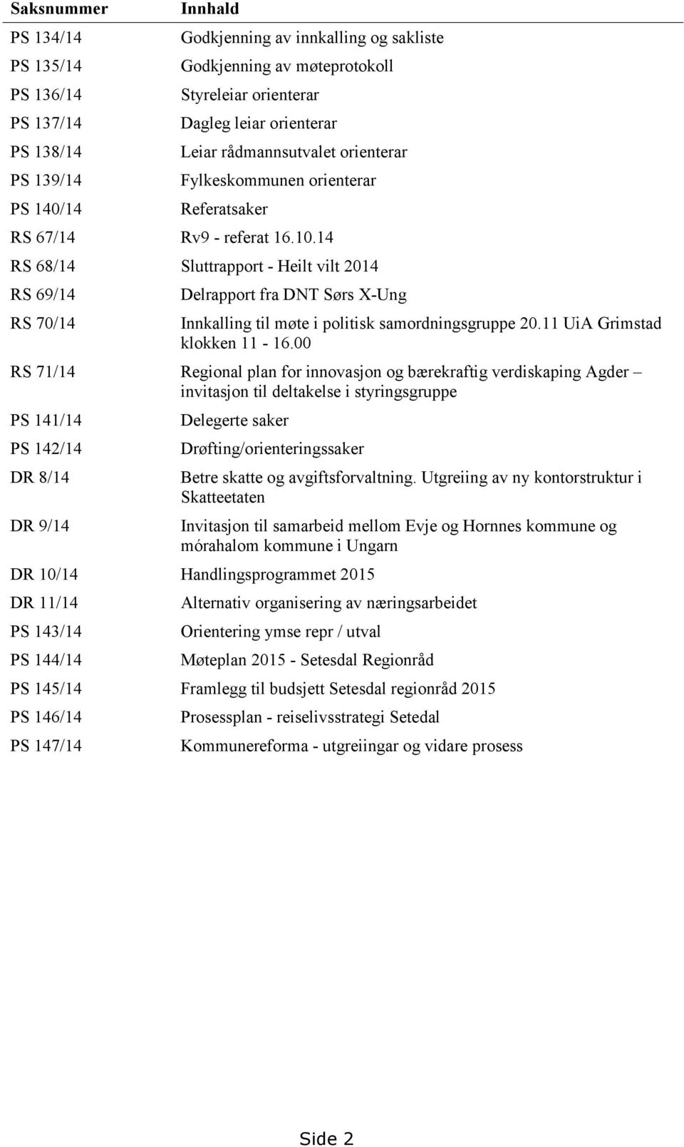 14 RS 68/14 Sluttrapport - Heilt vilt 2014 RS 69/14 RS 70/14 Delrapport fra DNT Sørs X-Ung Innkalling til møte i politisk samordningsgruppe 20.11 UiA Grimstad klokken 11-16.