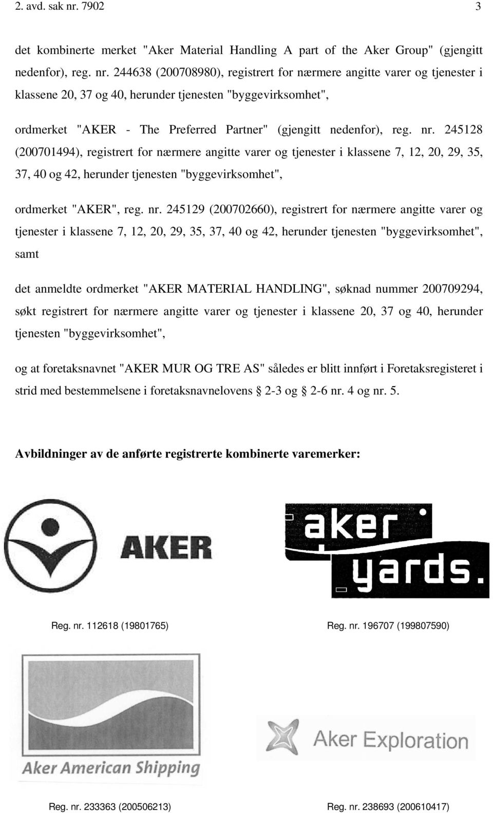 244638 (200708980), registrert for nærmere angitte varer og tjenester i klassene 20, 37 og 40, herunder tjenesten "byggevirksomhet", ordmerket "AKER - The Preferred Partner" (gjengitt nedenfor), reg.