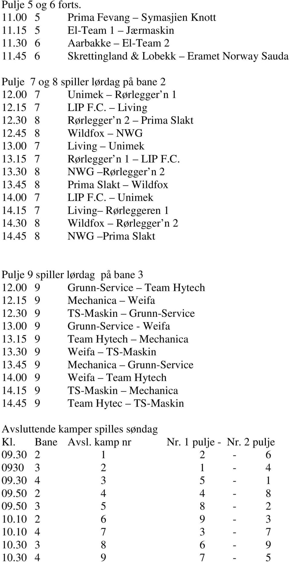 00 7 Living Unimek 13.15 7 Rørlegger n 1 LIP F.C. 13.30 8 NWG Rørlegger n 2 13.45 8 Prima Slakt Wildfox 14.00 7 LIP F.C. Unimek 14.15 7 Living Rørleggeren 1 14.30 8 Wildfox Rørlegger n 2 14.