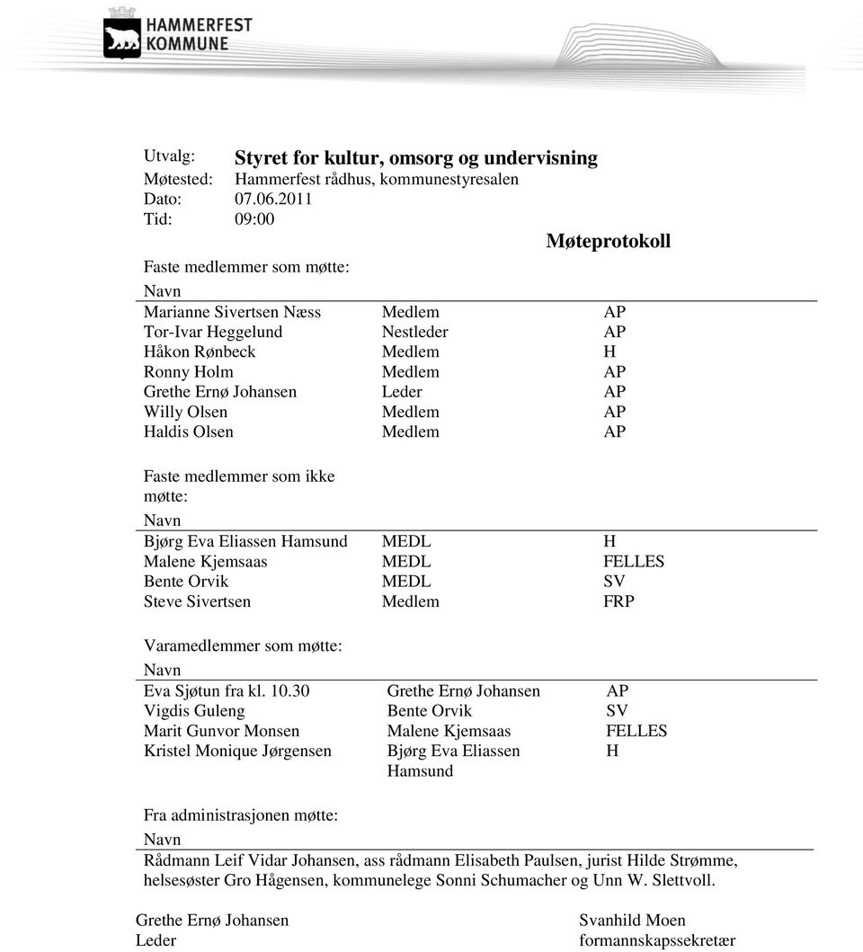 AP Willy Olsen Medlem AP Haldis Olsen Medlem AP Faste medlemmer som ikke møtte: Navn Bjørg Eva Eliassen Hamsund MEDL H Malene Kjemsaas MEDL FELLES Bente Orvik MEDL SV Steve Sivertsen Medlem FRP