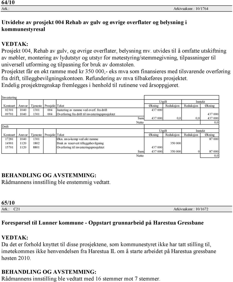 Prosjektet får en økt ramme med kr 350 000,- eks mva som finansieres med tilsvarende overføring fra drift, tilleggbevilgningskontoen. Refundering av mva tilbakeføres prosjektet.