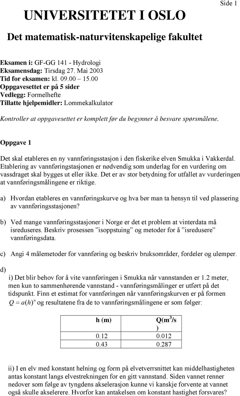 Oppgave 1 Det skal etableres en ny vannføringsstasjon i den fiskerike elven Smukka i Vakkerdal.