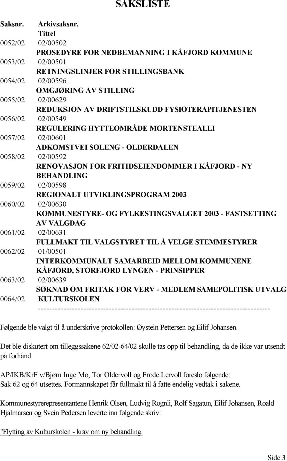 DRIFTSTILSKUDD FYSIOTERAPITJENESTEN 0056/02 02/00549 REGULERING HYTTEOMRÅDE MORTENSTEALLI 0057/02 02/00601 ADKOMSTVEI SOLENG - OLDERDALEN 0058/02 02/00592 RENOVASJON FOR FRITIDSEIENDOMMER I KÅFJORD -