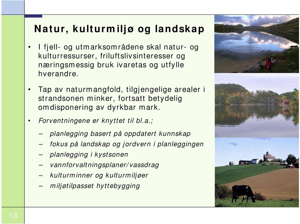 Tap av naturmangfold, tilgjengelige arealer i strandsonen minker, fortsatt betydelig omdisponering av dyrkbar mark.