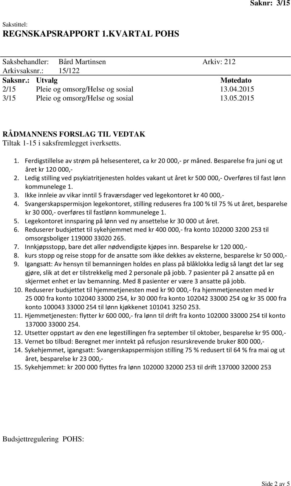 Besparelse fra juni og ut året kr 120 000,- 2. Ledig stilling ved psykiatritjenesten holdes vakant ut året kr 500 000,- Overføres til fast lønn kommunelege 1. 3.