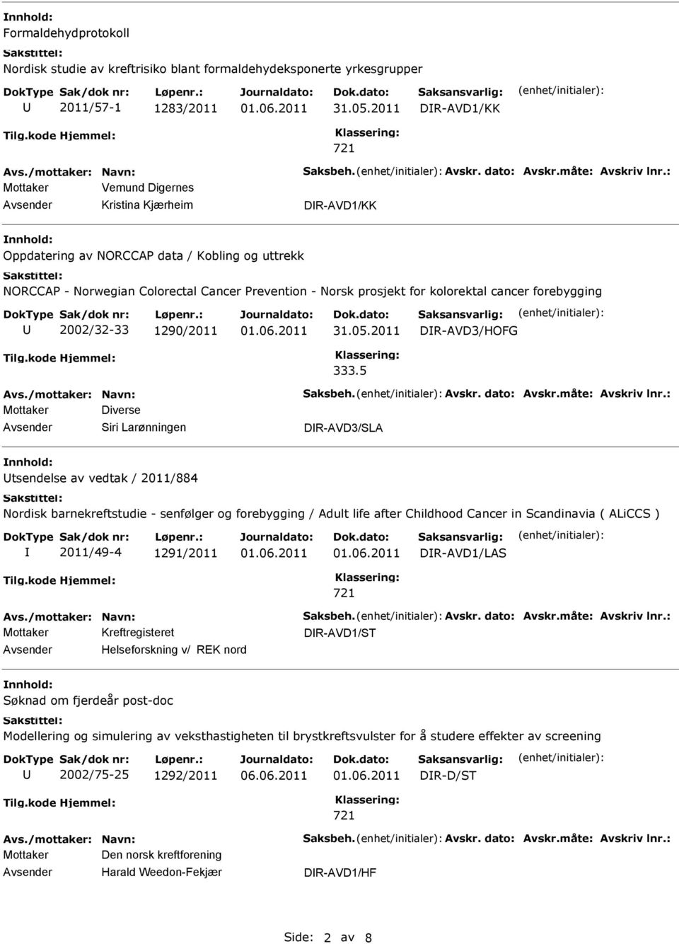 5 Mottaker Diverse Siri Larønningen DR-AVD3/SLA tsendelse av vedtak / 2011/884 Nordisk barnekreftstudie - senfølger og forebygging / Adult life after Childhood Cancer in Scandinavia ( ALiCCS )