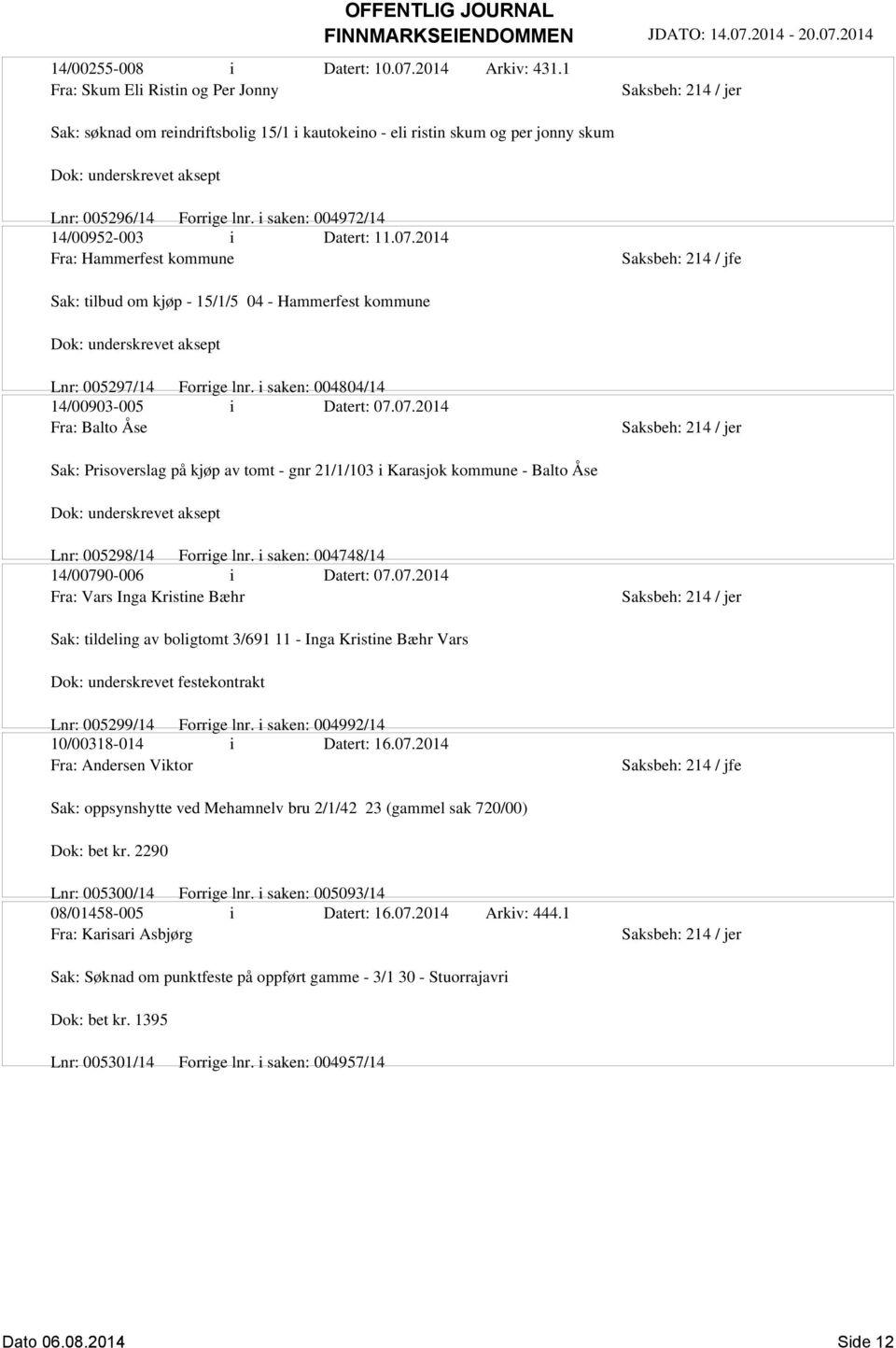 i saken: 004972/14 14/00952-003 i Datert: 11.07.2014 Fra: Hammerfest kommune Sak: tilbud om kjøp - 15/1/5 04 - Hammerfest kommune Dok: underskrevet aksept Lnr: 005297/14 Forrige lnr.