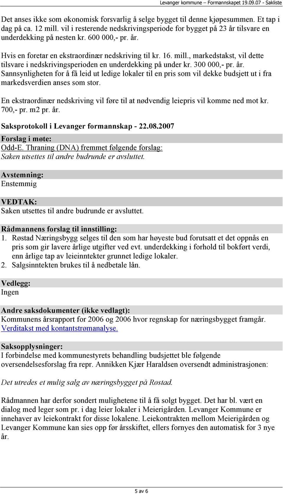 , markedstakst, vil dette tilsvare i nedskrivingsperioden en underdekking på under kr. 300 000,- pr. år.