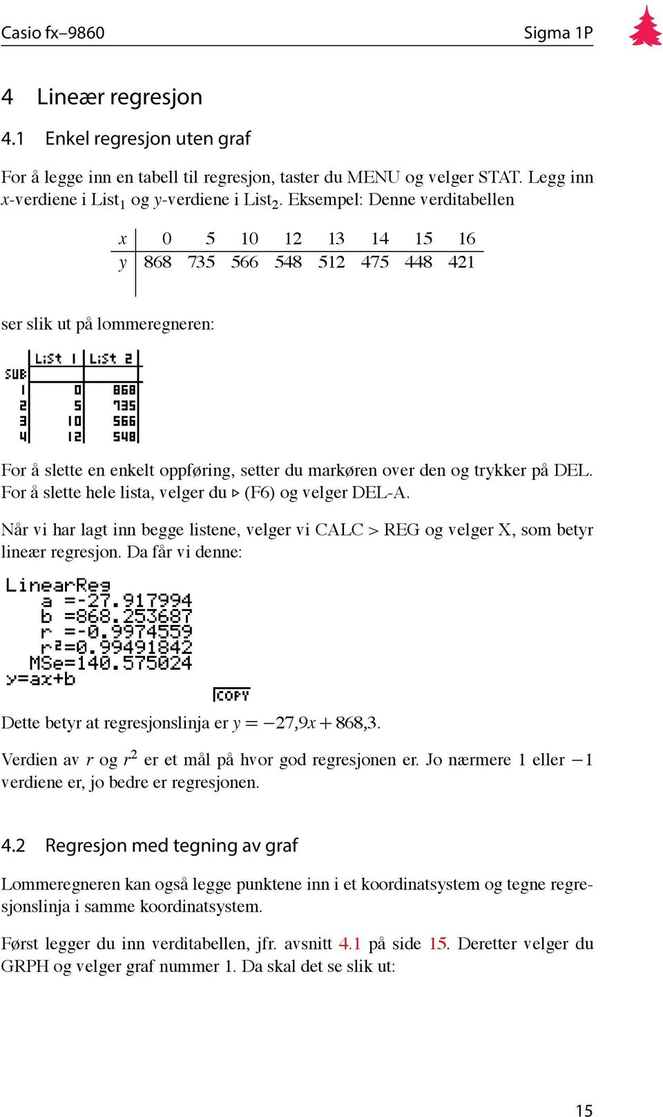 For å slette hele lista, velger du (F6) og velger DEL-A. Når vi har lagt inn begge listene, velger vi CALC > REG og velger X, som betyr lineær regresjon.