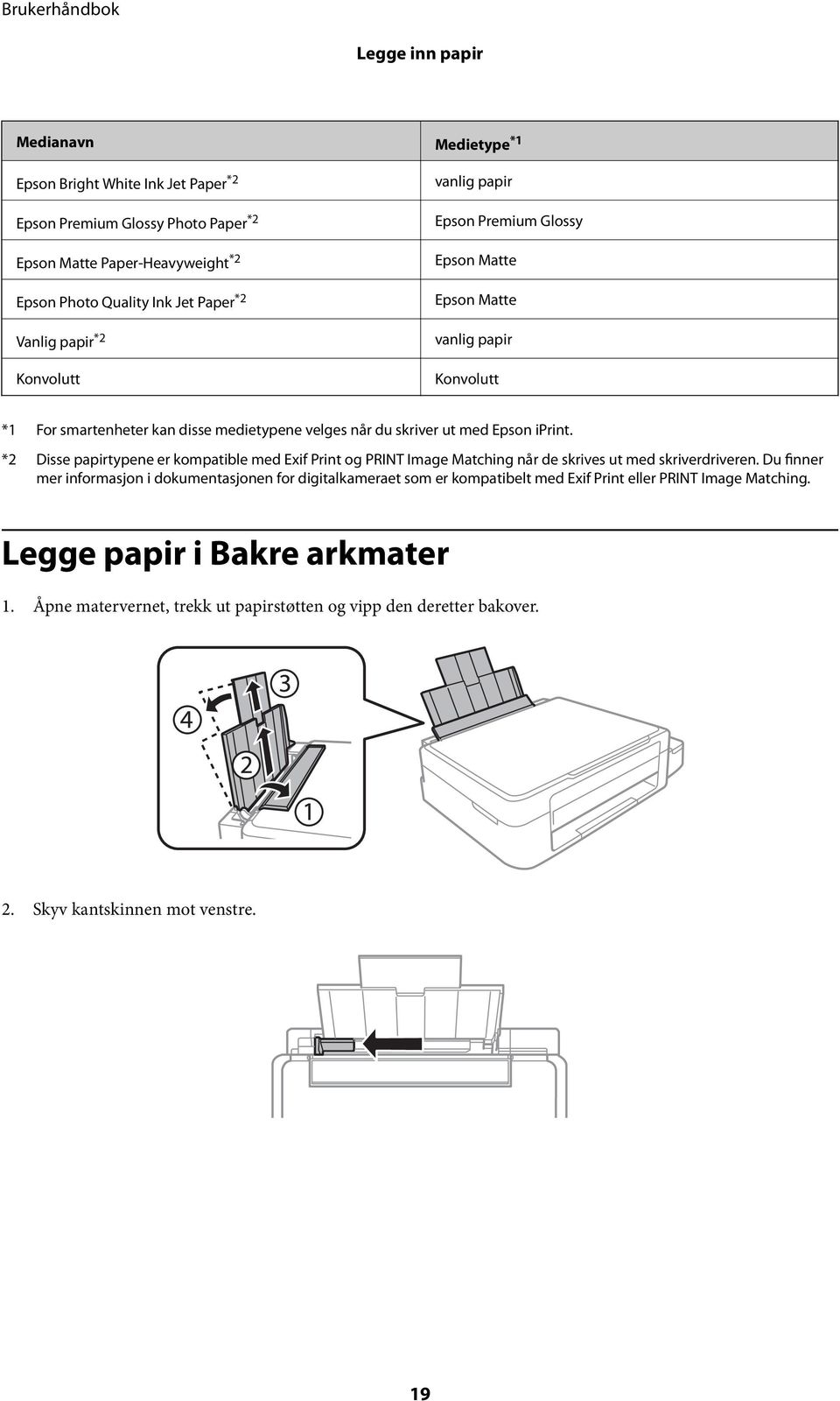 *2 Disse papirtypene er kompatible med Exif Print og PRINT Image Matching når de skrives ut med skriverdriveren.