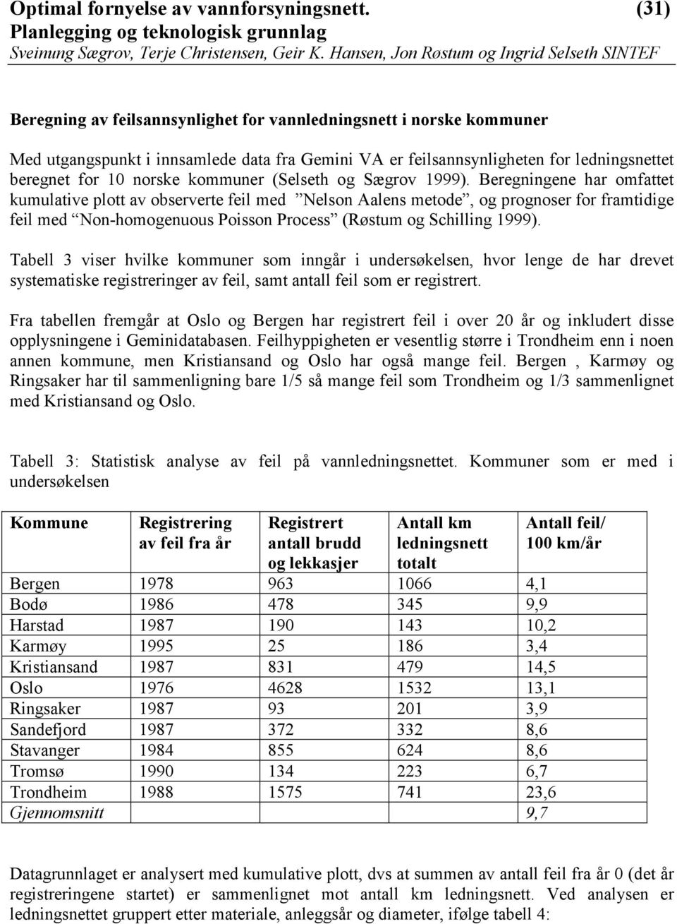 Beregningene har omfattet kumulative plott av observerte feil med Nelson Aalens metode, og prognoser for framtidige feil med Non-homogenuous Poisson Process (Røstum og Schilling 1999).