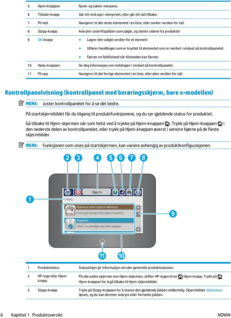 vinduet på kontrollpanelet. Fjerner en feiltilstand når tilstanden kan fjernes 10 Hjelp-knappen Gir deg informasjon om meldingen i vinduet på kontrollpanelet.