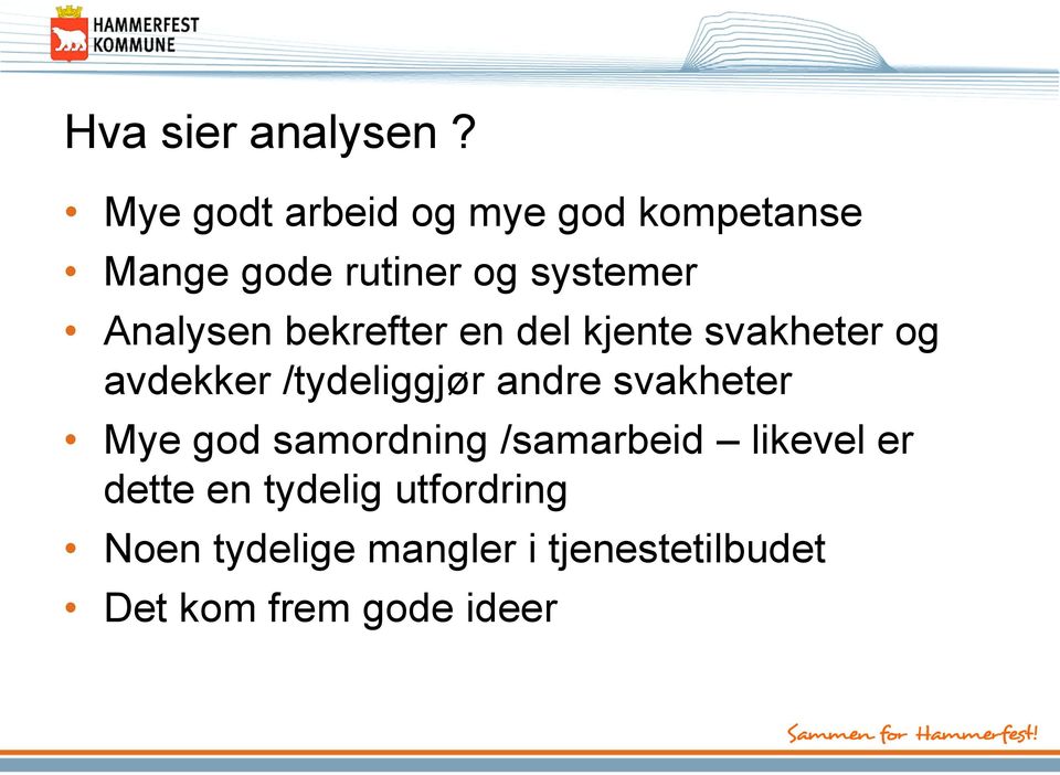 Analysen bekrefter en del kjente svakheter og avdekker /tydeliggjør andre