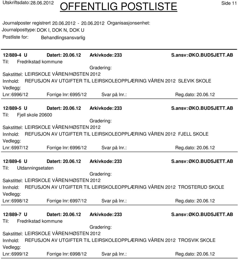 : Reg.dato: 20.06.12 12/889-6 U Datert: 20.06.12 Arkivkode:233 Til: Utdanningsetaten Innhold: REFUSJON AV UTGIFTER TIL LEIRSKOLEOPPLÆRING VÅREN 2012 TROSTERUD SKOLE Lnr: 6998/12 Forrige lnr: 6997/12 Svar på lnr.