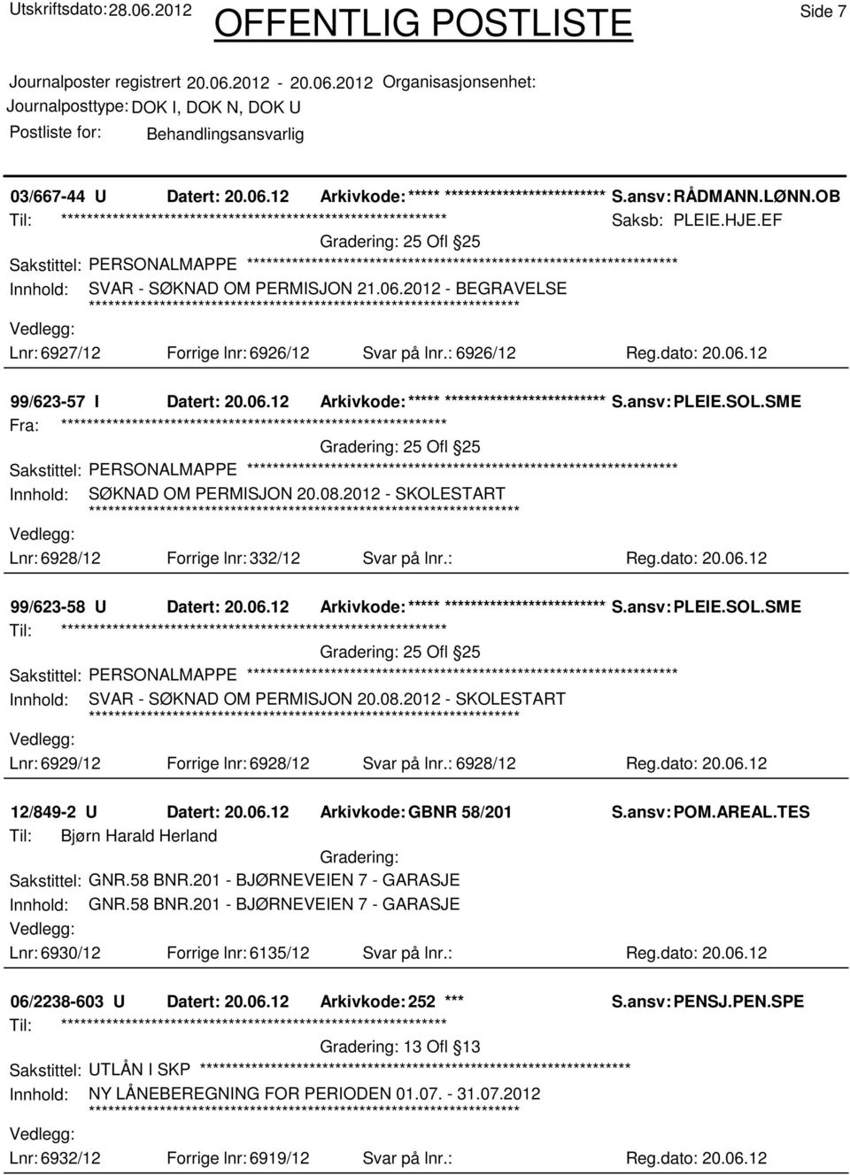 ansv: PLEIE.SOL.SME Fra: ************************************************************ 25 Ofl 25 Sakstittel: PERSONALMAPPE Innhold: SØKNAD OM PERMISJON 20.08.