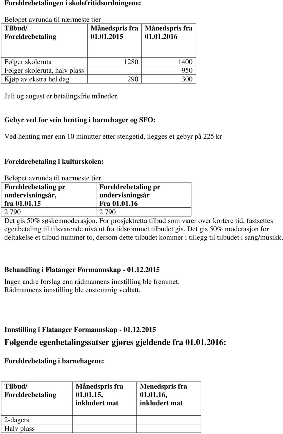 Gebyr ved for sein henting i barnehager og SFO: Ved henting mer enn 10 minutter etter stengetid, ilegges et gebyr på 225 kr Foreldrebetaling i kulturskolen: Beløpet avrunda til nærmeste tier.