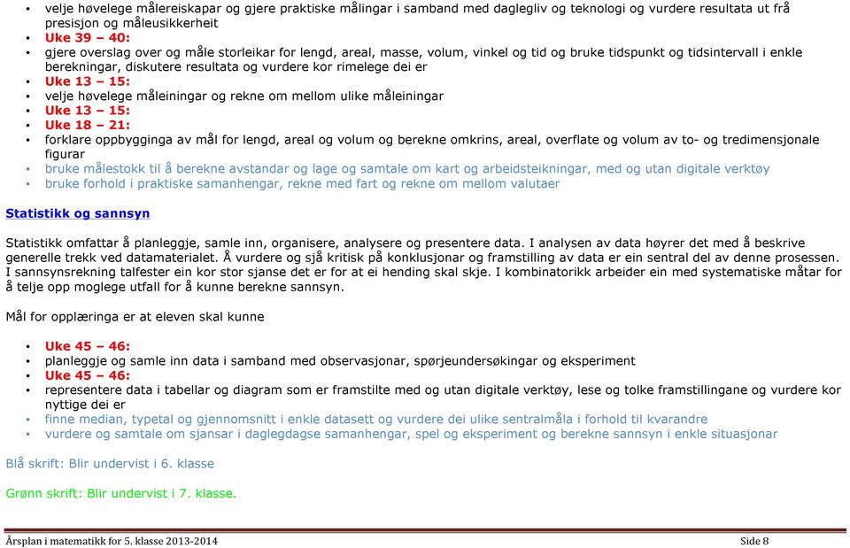 måleiningar og rekne om mellom ulike måleiningar Uke 13 15: Uke 18 21: forklare oppbygginga av mål for lengd, areal og volum og berekne omkrins, areal, overflate og volum av to- og tredimensjonale