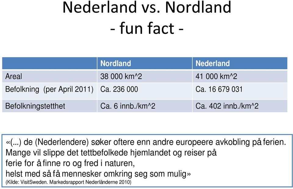 /km^2 «( ) de (Nederlendere) søker oftere enn andre europeere avkobling på ferien.