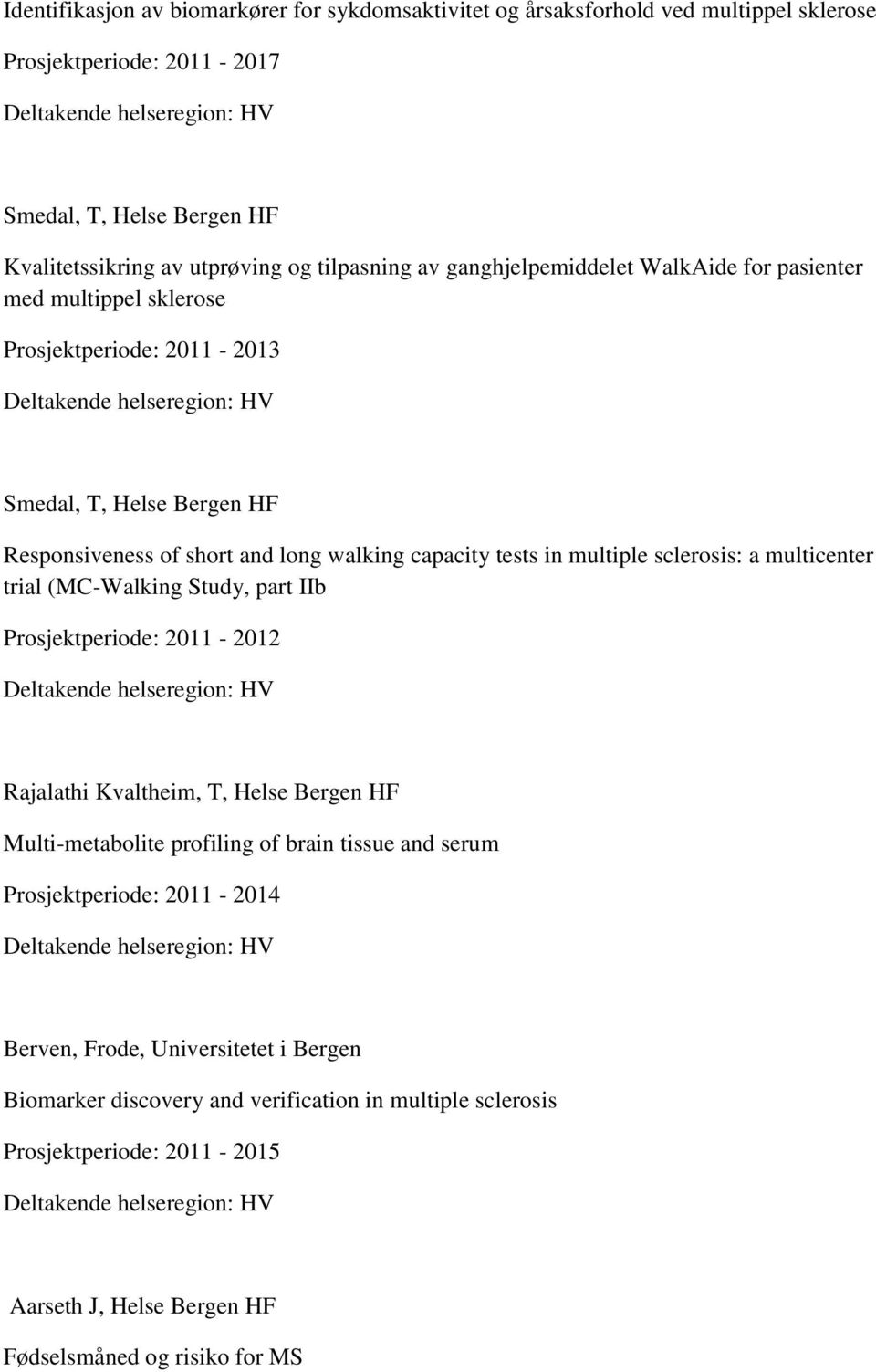 sclerosis: a multicenter trial (MC-Walking Study, part IIb Prosjektperiode: 2011-2012 Rajalathi Kvaltheim, T, Helse Bergen HF Multi-metabolite profiling of brain tissue and serum