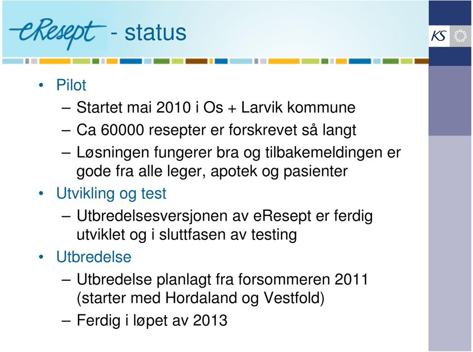 Utvikling og test Utbredelsesversjonen av eresept er ferdig utviklet og i sluttfasen av testing