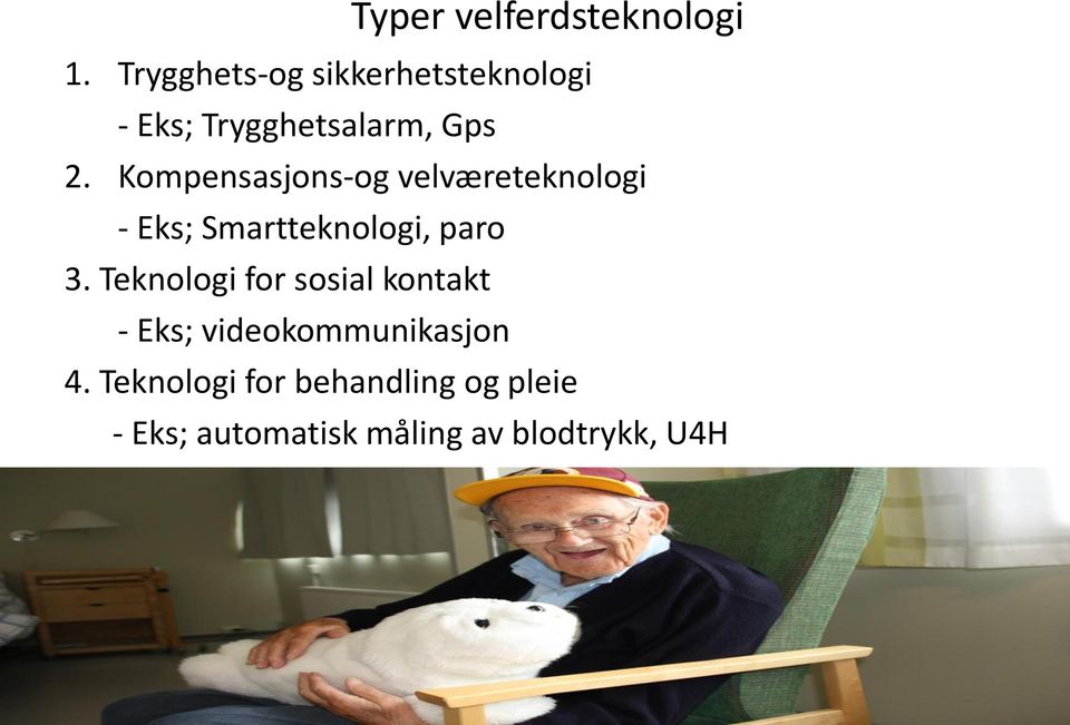 Kompensasjons-og velværeteknologi - Eks; Smartteknologi, paro 3.