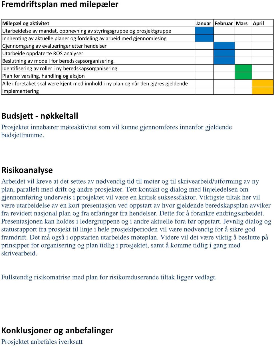 Identifisering av roller i ny beredskapsorganisering Plan for varsling, handling og aksjon Alle i foretaket skal være kjent med innhold i ny plan og når den gjøres gjeldende Implementering Budsjett -