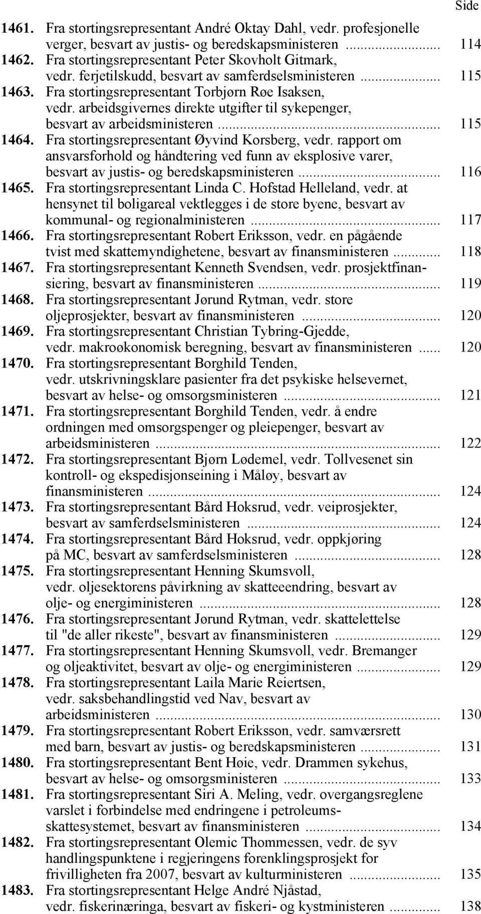 .. 115 1464. Fra stortingsrepresentant Øyvind Korsberg, vedr. rapport om ansvarsforhold og håndtering ved funn av eksplosive varer, besvart av justis- og beredskapsministeren... 116 1465.