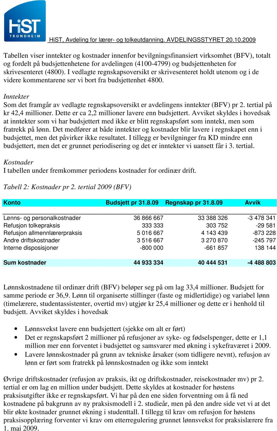 Som det framgår av vedlagte regnskapsoversikt er avdelingens inntekter (BFV) pr 2. tertial på kr 42,4 millioner. Dette er ca 2,2 millioner lavere enn budsjettert.