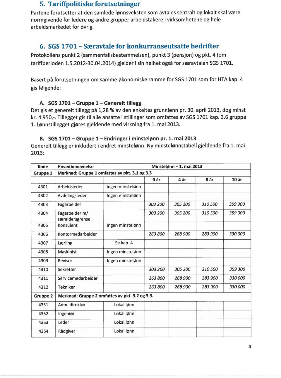 2014) gjelder i sin helhet også for særavtalen SGS 1701. Basert på forutsetningen om samme økonomiske ramme for SGS 1701 som for HTA kap. 4 gis følgende: A.