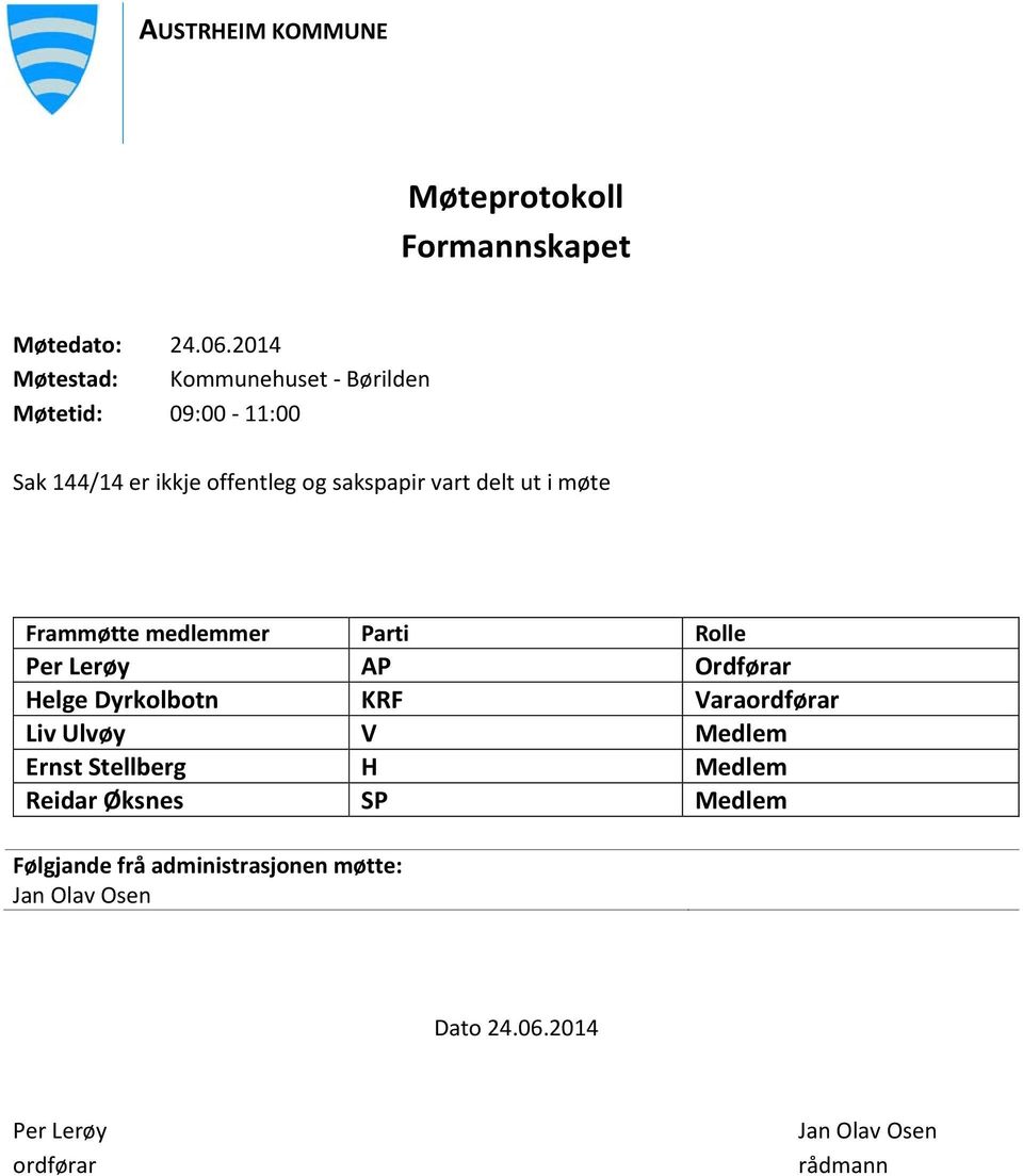 ut i møte Frammøtte medlemmer Parti Rolle Per Lerøy AP Ordførar Helge Dyrkolbotn KRF Varaordførar Liv Ulvøy V